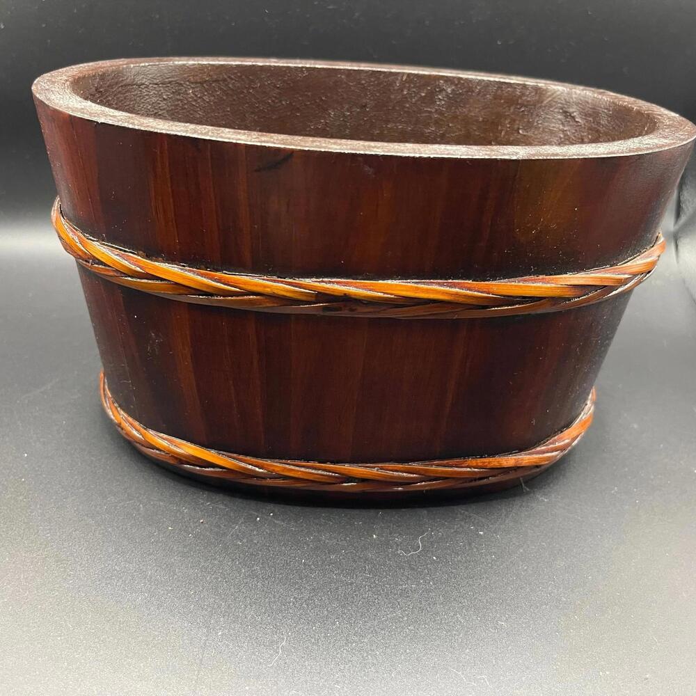 Vintage  Oval Wooden Red Asian Bucket Container Tabletop Bin